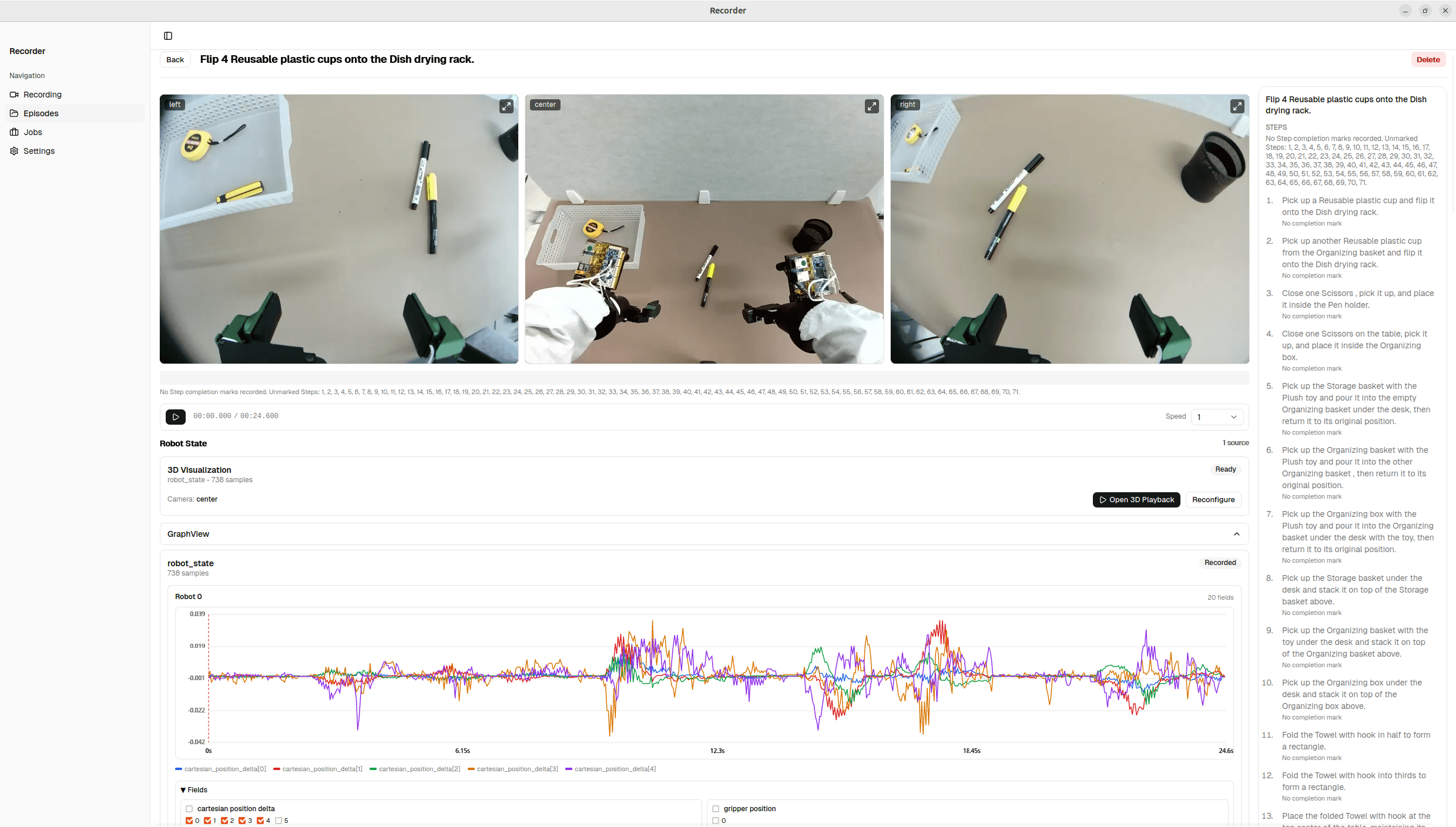 Episode QA view with three-camera playback, step list, and robot-state graphs