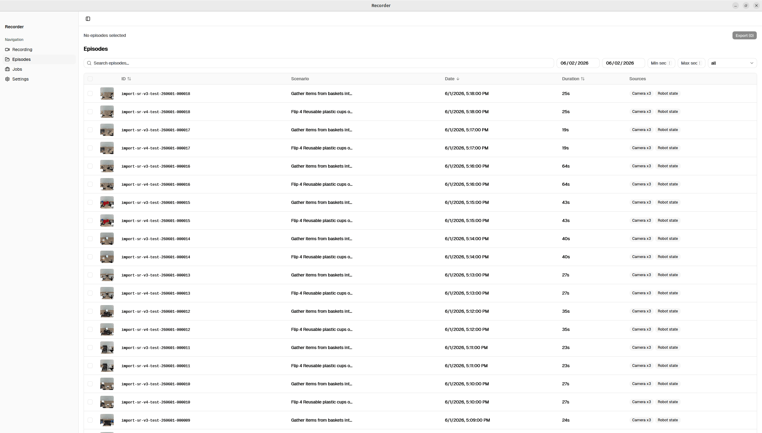 Recorder episodes browser listing multi-camera recordings with scenario, duration, and sources