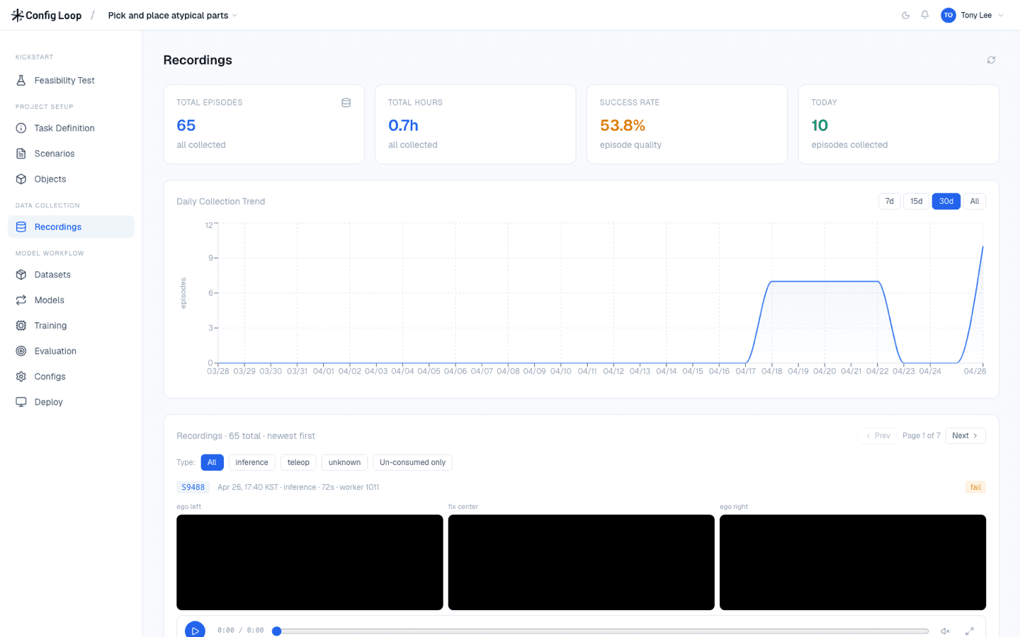 Loop recordings dashboard with daily collection trend